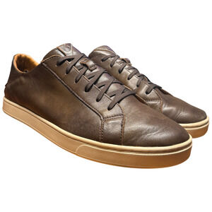 OluKai Kahu Pahaha Men 46/US12 Brown Bone Leather Sneakers Lace Up Collapse Heel